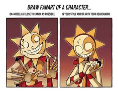 two cartoon characters with different facial expressions and one saying draw fanart of a character