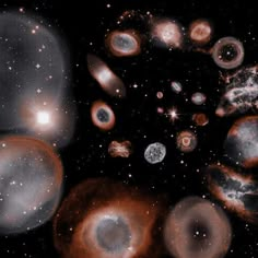 an image of many different objects in the dark space with stars and planets around them