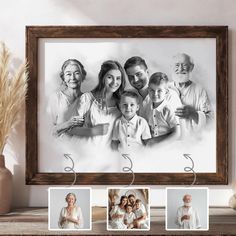 a family photo hanging in front of a wooden frame