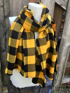 "Plaid Scarf in straight or infinity The Buffalo Plaid Scarf is a classic look for Fall. It's wonderful bright yellow and Black really add flare to any outfit. The fabric is a bit thicker then other plaids in my collection. It's amazing soft cotton, very high end fabric. I put a lot of care into hand fringing all the edges. This lovely scarf is allcotton and can go in the wash. I pick all my fabrics for their beauty and quality. It's a medium weight and yarn dyed just perfect for Fall/Winter Thi Casual Yellow Scarf For Winter, Casual Yellow Winter Scarf, Cotton Scarves For Fall, Casual Cotton Scarves For Fall, Buffalo Plaid Scarf, Emily May, Ask Me Questions, Boulder Co, Fall Scarves