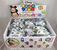 a box filled with lots of cartoon character stickers