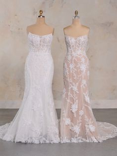 two wedding dresses on mannequins in front of a wall