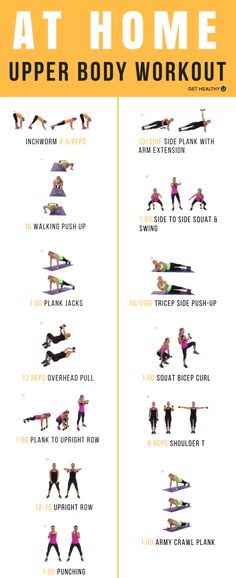 an exercise poster with the words at home upper and lower body workouts on it