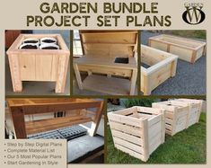 the garden bundle project set plans includes four wooden planters, two benches and one bench