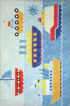 an area rug with colorful boats and waves on blue groundcloth, designed in the style of children's artwork