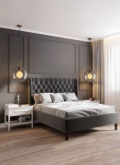 a bedroom with gray walls and wooden floors