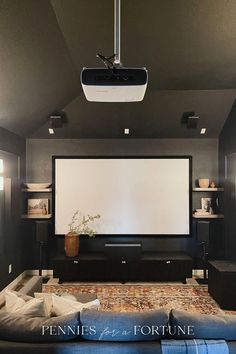 a living room with a large screen on the wall