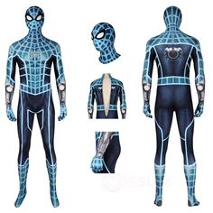 the amazing spider - man costume is shown in full body and blue, patterned pattern