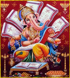 lord ganesha sitting on the ground surrounded by books