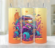 three colorful tumblers with an image of a vehicle on them