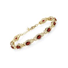 PRICES MAY VARY. Exquisite Gemstone Elegance: This stunning tennis bracelet boasts a total carat weight of 9.87, featuring a series of oval-cut red garnet gemstones. The rich red hue of the garnets exudes elegance and sophistication, making this bracelet a timeless addition to any jewelry collection. Luxurious Gold Plated Silver Setting: Crafted with high-quality 18K yellow gold plated silver, this bracelet offers a luxurious and durable design. The gold plated silver setting beautifully complem Bracelet Extender, Rhodolite Garnet, Fine Jewelry Bracelets, Garnet Gemstone, Gem Stone, Red Garnet, Bracelets And Charms, Bracelet For Women, Gold Plated Silver