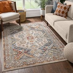 a living room filled with furniture and a large rug