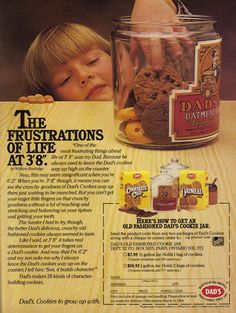 an advertisement for dad's cookies with a child in a jar