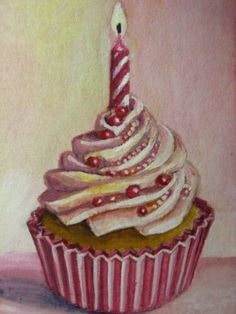 a painting of a cupcake with a lit candle