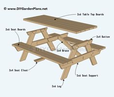 a picnic table with measurements for the top boards and bottom planks, labeled below