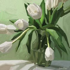 a painting of white tulips in a vase