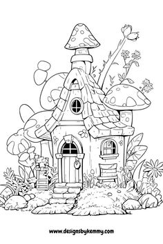 Free Fairy House Coloring Page For Adults | D Astetic Coloring Pages, Fairy Houses Drawing, Fairy House Drawing Cottages, Cottage Core Coloring Pages, Fairy Village Drawing, Colouring Pages Simple, Fairy House Illustration, Garden Drawing Simple, Pretty Coloring Pages