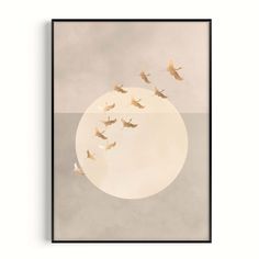 birds flying in front of the sun on a gray and white background