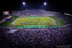 a football stadium filled with lots of purple and green people watching the game at night