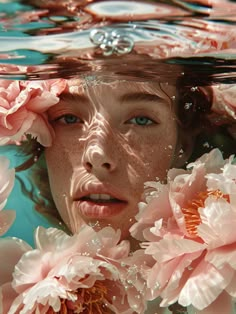 a woman is submerged in the water with flowers around her head and she's looking at the camera