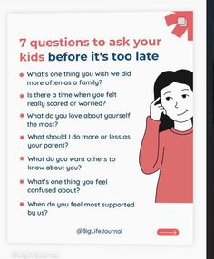 a woman talking on her cell phone with the text 7 questions to ask your kids before it's too late