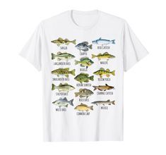 a white t - shirt with different types of fish on it