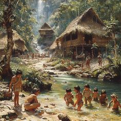 a painting of children playing in the water near some huts and people standing on rocks