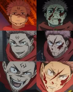 four different anime characters with blood on their faces