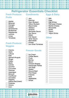 the printable refrigerator essentials checklist is shown in blue and white, with words on