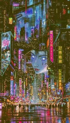 an image of a city at night with neon lights and people walking on the street