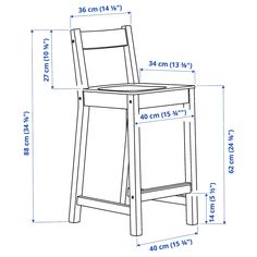 a wooden stool with measurements for the seat