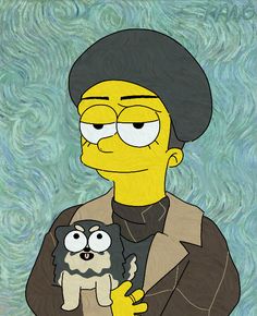 the simpsons is holding a dog in his arms