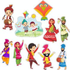 various stickers with people and kites on them