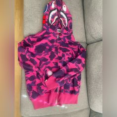 The Size Is A Large, But It Fits Like A Medium Pink Bape Hoodies, Light Pink Bape Hoodie, Bape Purple Hoodie, Bape Pink, Bape Abc Shark Full Zip Hoodie Pink, Bape Shark Hoodie, Bape Full Zip Hoodie, Bape Men, Bape Shark