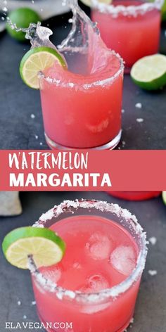 watermelon margarita with lime and salt garnishes on the rims