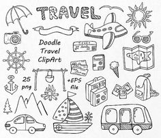 the doodle travel clipart is shown in black and white