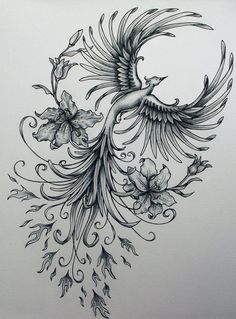 a black and white drawing of a bird with flowers