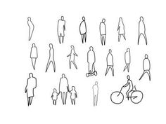 an image of people walking and riding bikes in the same direction, line drawing on paper