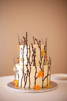 a three layer cake decorated with branches and leaves