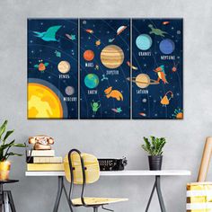 three canvases with different planets on them