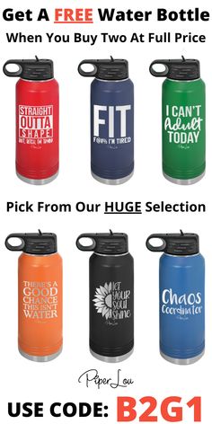 four different colored water bottles with the text get a free water bottle when you buy two at