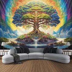 a living room with a large mural on the wall and a couch in front of it