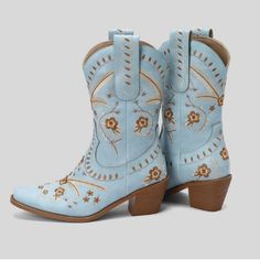 Dingo Midcalf Embroided Cowboy Boots Light Blue - Women’s Size 6 New In Box Western Style Tags: Mid Calf Cowboy Boots For Women Wide Calf Square Toe Women's Pu Leather Floral Embroidered Cowgirl Western Boot Fashion Casual Retro Chunky Mid Heels Riding Dress Women's Boots Size Us 6 Color Blue Mid Calf Cowboy Boots, Riding Dress, Cowboy Boots For Women, Boot Fashion, Cowgirl Western, Leather Floral, Western Boot, Knee High Leather Boots, Wide Calf