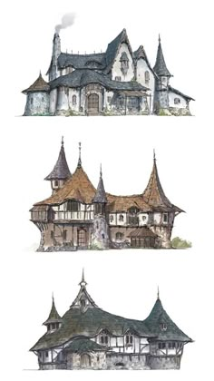 three different types of houses with turrets on top and bottom, one in the middle