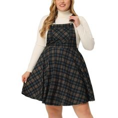 Plaid Overall Dress, Plaid Overalls, Plaid Dress Vintage, Red Black Dress, Swing Design, Plus Size Elegant, Overall Skirt, Mid Skirt, Pinafore Dress