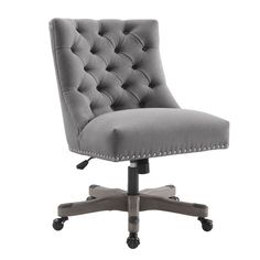 a gray office chair with wheels on an isolated white background