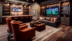 a living room filled with furniture and a flat screen tv mounted to the side of a wall