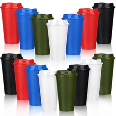 six different colored cups with lids are shown in this image, all lined up and facing the same direction