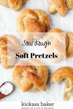 soft pretzels with powdered sugar on top and the words sourdouy soft pretzels