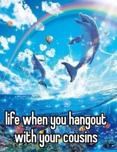 two dolphins swimming in the ocean under a rainbow colored sky with words life when you hangout with your cousins